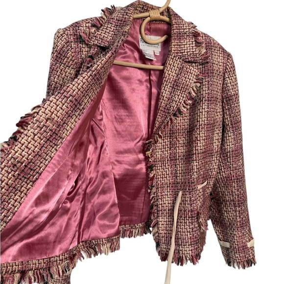 Pamela McCoy Tweed Skirt Suit Set Blazer Pencil Skirt Fringe Ribbon Trim Size M - Picture 3 of 15